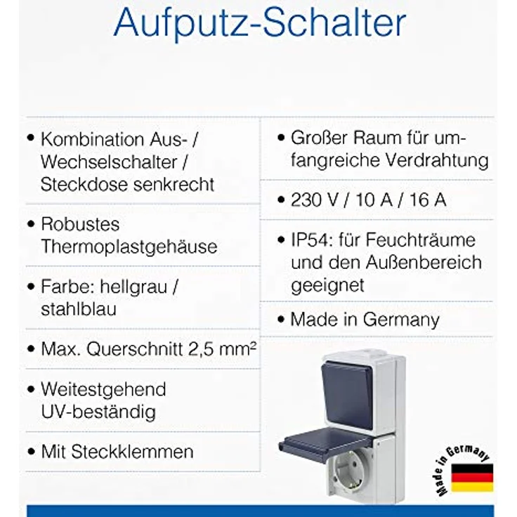 Schwabe Aus-und Wechselschalter mit Steckdose, IP54, UV-beständig, für Leitungen bis 2,5mm², grau, 230V/10A – Bild 3