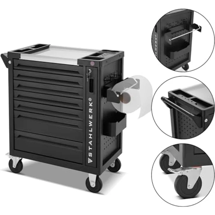 STAHLWERK Werkzeugwagen Werkstattwagen EAGLE, Montagewagen mit 7 Schubladen und Papierrollenhalter, blau – Bild 2