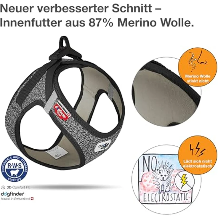 Curli Vest Harness Merino Clasp Black 3XS, Hundegeschirr mit nachhaltiger Merinowolle und kurli clasp-Schnalle – Bild 2