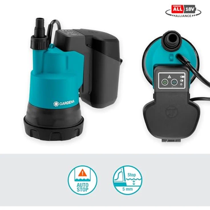 Gardena 14600-20 Akku-Klarwassertauchpumpe 2000-2 18V P4A Set mit Akku und Ladegerät 18 V 2.000 l/h Entwässerung max. Förderhöhe 20 m max. Förderdruck 2 bar max. Tauchtiefe 1,8 m max. Wassertemperatur 35 °C Kabellänge 2 m – Bild 9