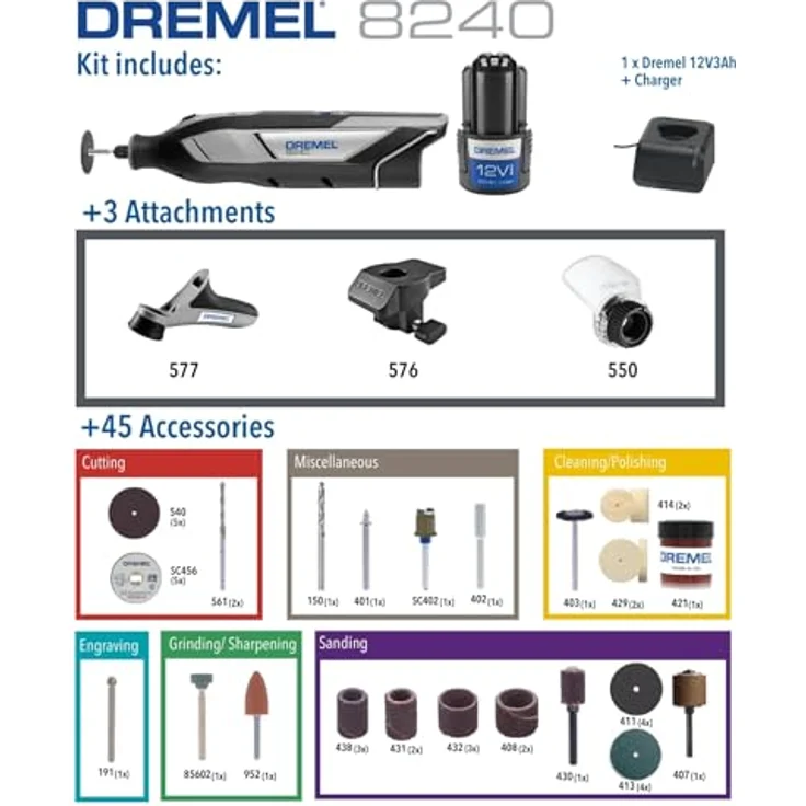 DREMEL 8240 Akku-Multischleifer, max. 35000 U/min, kabellos mit 1x Akku 2 Ah und 45 Zubehöre, grün – Bild 3