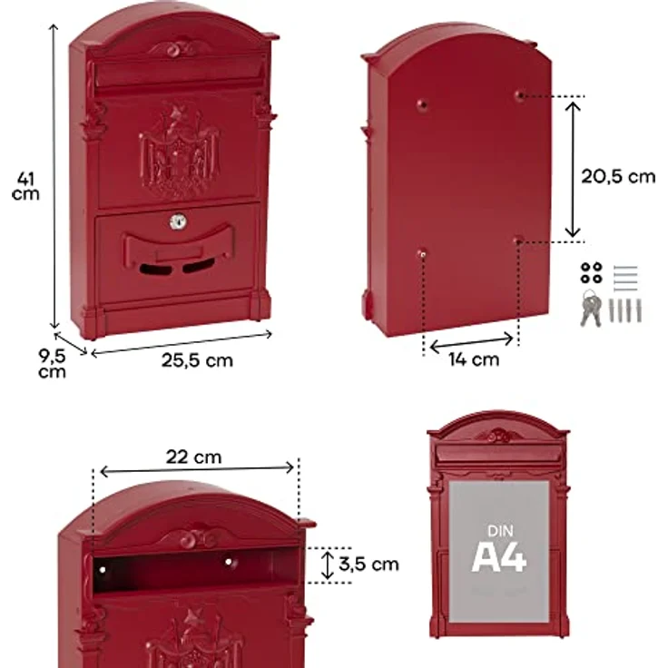 ARREGUI Residencia D-2151/R Briefkasten aus Aluminium im klassischen Stil, Größe M (DIN A4), Eleganter und Dekorativer Wandbriefkasten für Draußen mit Namensschild, Einfache Montage, rot – Bild 3