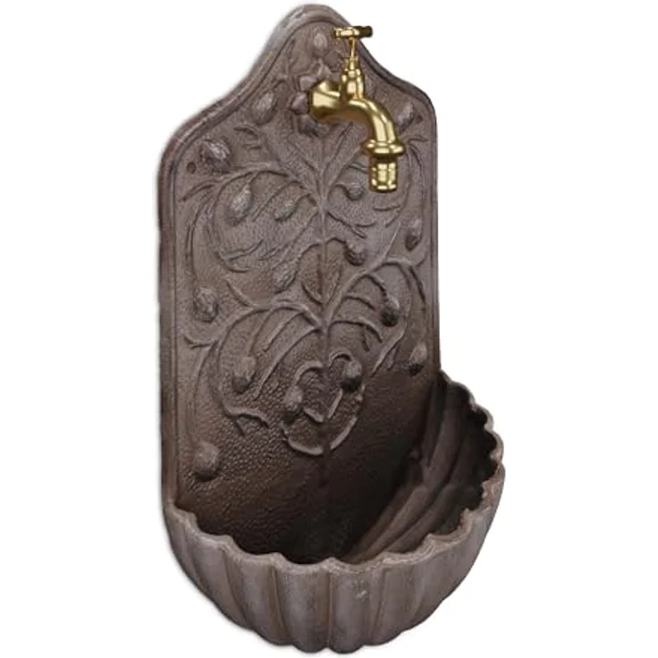 relaxdays Gartenbrunnen Brauner Wandbrunnen, Wasserspiel aus Gusseisen mit Wasserhahn, 40 x 24 x 15 cm – Bild 1
