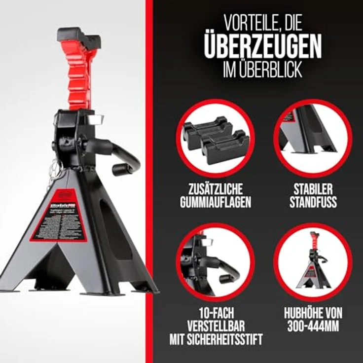HEYNER® UltraSafe PRO Unterstellbock 2er Set, 3t Traglast, 10-fach höhenverstellbar, Hubhöhe 300-444 mm, mit Gummiauflage, schwarz-rot – Bild 3