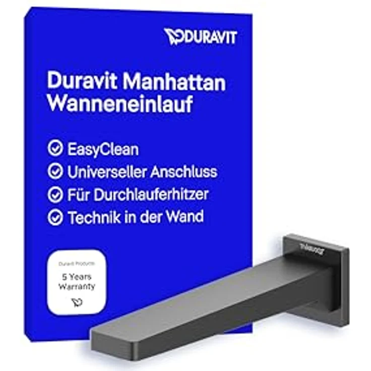 Duravit Manhattan Wanneneinlauf, Badewanneneinlauf mit eckiger Wandabdeckung, Schwarz Matt, EasyClean Funktion, für Durchlauferhitzer – Bild 1