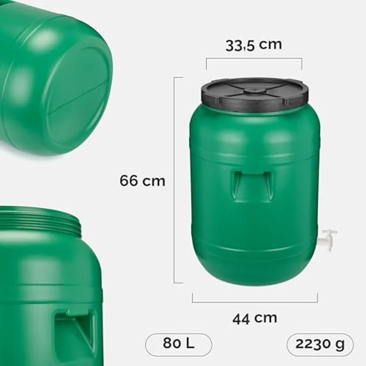 Garronda Weithalsfass GD-0142, Regentonne 80 Liter mit Hahn, BPA-frei, für Lebensmittel und Flüssigkeit, mit Deckel – Bild 2