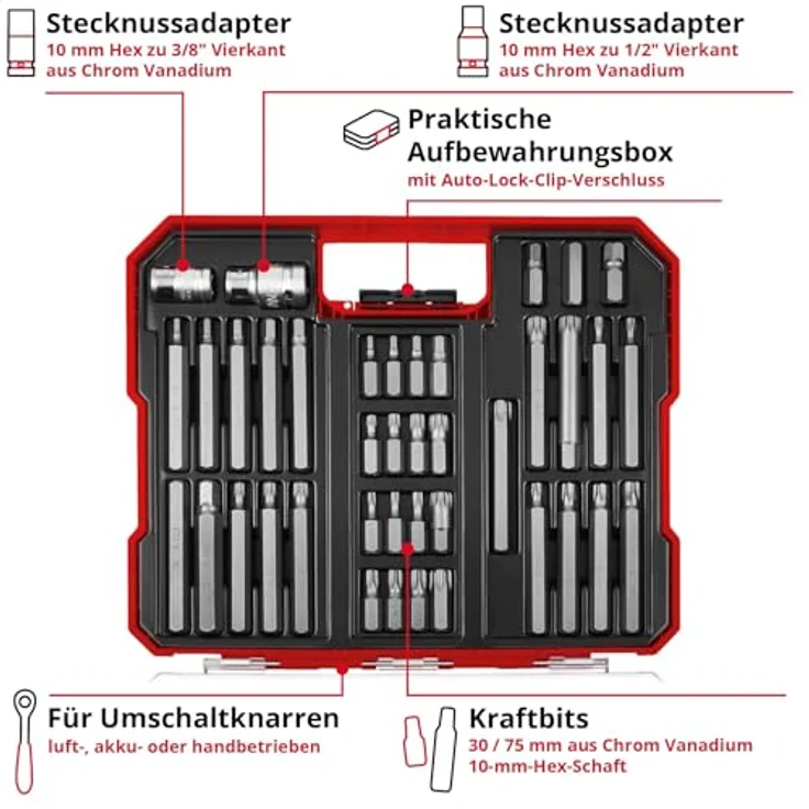 Einhell Bit-Set 109032, XL-Case, 40-teilig, mit 30 mm und 75 mm kraftvollen Chrom Vanadium Bits und Stecknussadaptern – Bild 3