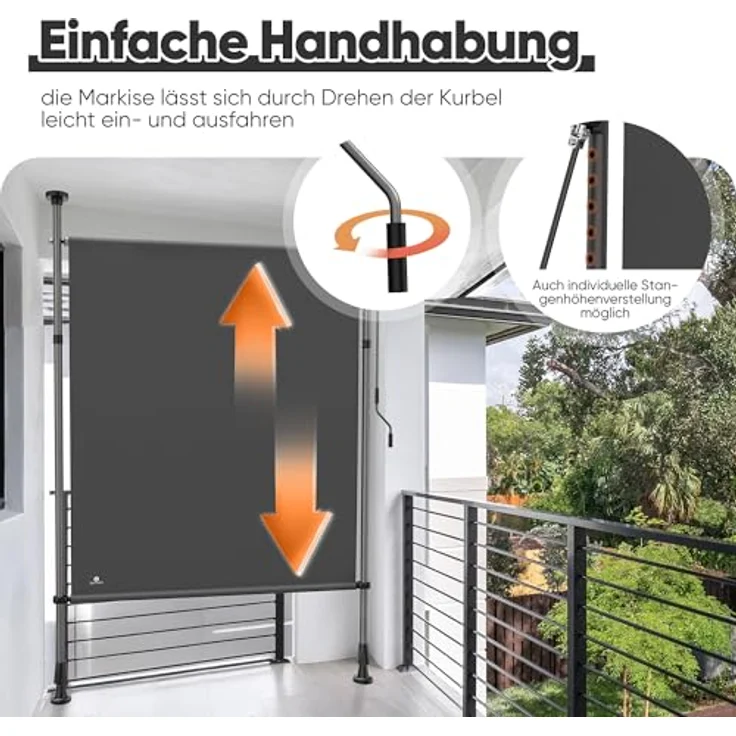 Strattore Ausziehbare Klemmmarkise / Senkrechtmarkise höhenverstellbar 150 x 310 cm - Anthrazit, UV- und witterungsbeständig – Bild 5