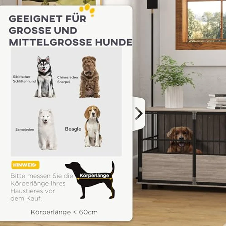 PawHut Hundekäfig für Zuhause, Hundehütte, rutschfest Haustierkäfig, Hundebox mit Türen, Hundehaus für große Hunde, Walnuss, 100 x 60 x 68 cm – Bild 3