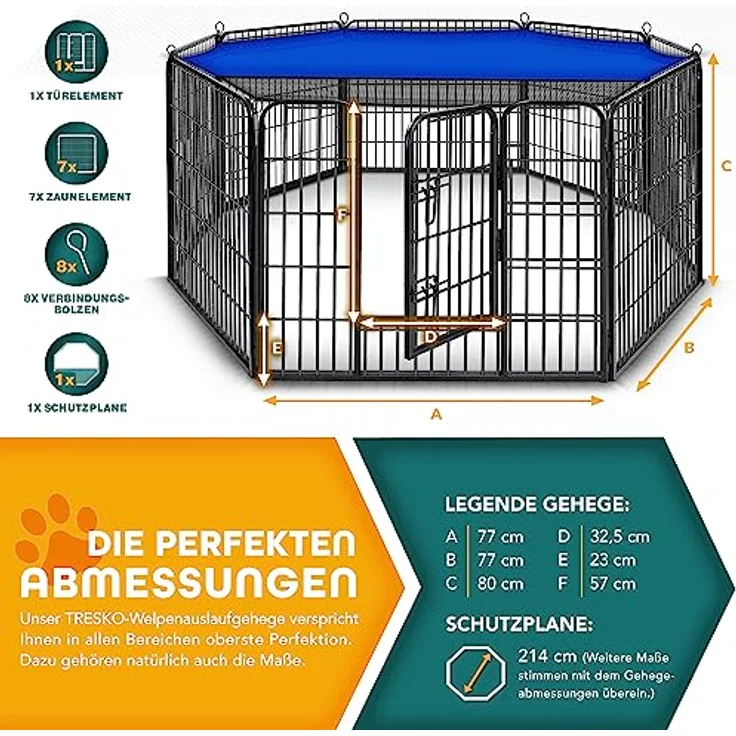 TRESKO® Welpenlaufstall 80 cm hoch inkl. 8X Erdanker | Welpenauslauf 8-teilig | Hundelaufstall faltbar mit Tür | Aufbau werkzeugfrei | Tierlaufstall Hunde wetterfest – Bild 5