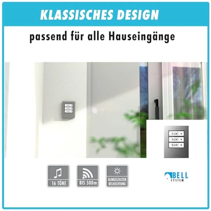 m-e Funkklingel BELL-523 AC, Erweiterbare kabellose Türklingel mit 500 m Reichweite, Silber, für 3-Familienhaus mit 3 Empfängern und 16 Klingeltönen – Bild 4