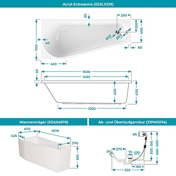 Calmwaters® Eckbadewanne Essential Small, 160x70 cm, Weiß, mit Wannenträger und Überlaufgarnitur – Bild 5