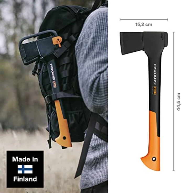 Fiskars Universalaxt, Inklusive Klingen- und Transportschutz, Länge 44 cm, Antihaftbeschichtet, Hochwertige Stahl-Klinge-Glasfaserverstärkter Kunststoff-Stiel, Schwarz-Orange, X10-S, 1015619 – Bild 2