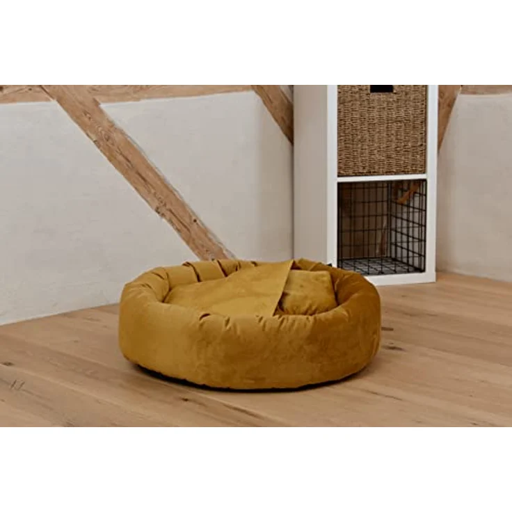 Rohrschneider Hundekissen Kuschelhöhle Denver Samt Hundebett weich mit Gassibeutel Ø 50 cm (S, Senf) – Bild 3