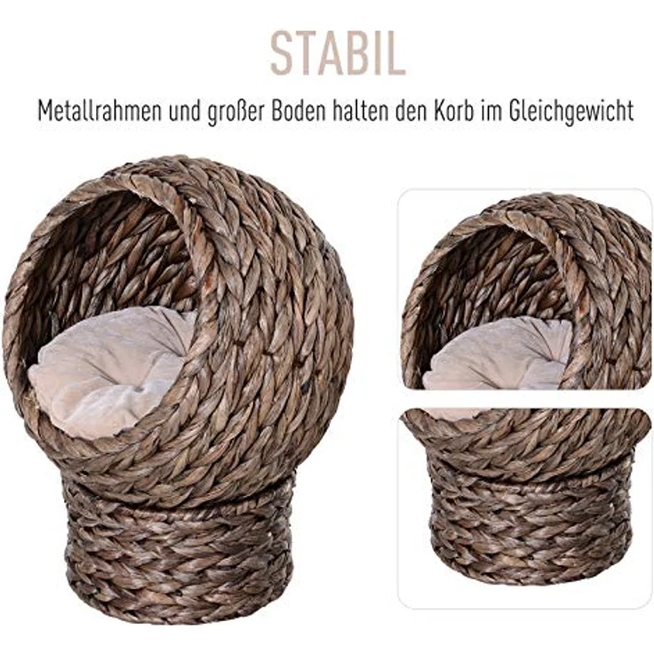 Pawhut Rattan Katzenkorb Katzenhöhle Katzenhütte Katzenbett mit Kissen Haustierbett Wasserhyazinthe Dunkelbraun 42 x 33 x 52 cm – Bild 4