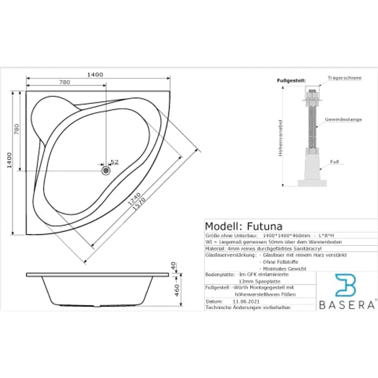 Basera® Whirlpool-Badewanne BASIC Indoor Eck-Whirlpool Badewanne Futuna 140 x 140 cm, (Komplett-Set), mit 13 Massagedüsen, Wasserfall, LED, Hochglanz Weiß - Preisvergleich – Bild 6