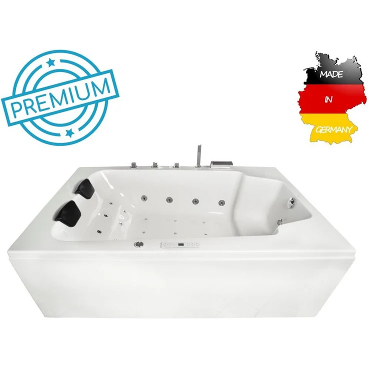 Basera® Whirlpool-Badewanne PREMIUM Indoor XXL Milos 190 x 120 cm, für 2 Pers., mit 28 Massagedüsen, Heizung, Ozongenerator, weiß – Bild 1