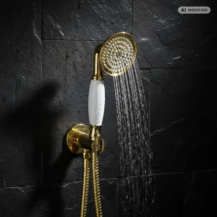 PaulGurkes Brausegarnitur PGBHS4-ZR, goldene Handbrause mit massivem Messing, 150 cm Brauseschlauch, antikalkdüsen