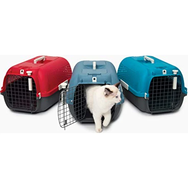 Catit Voyageur Transportbox, Tiertransportbox für Katzen mit Streichelklappe und Futternapf, blau-grau – Bild 7