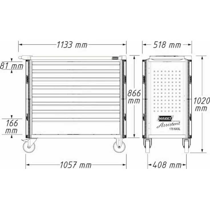 Hazet Werkstattwagen Assistent, Schubladen flach: 7x77x870x398 mm Schubladen hoch: 1x162x870x398 mm (179NXXL-8) – Bild 3