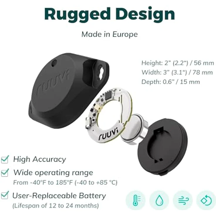 Ruuvi RuuviTag Pro RTPro 4-in-1 Umwelt Sensor, industrieller Bluetooth-Temperatur- und Feuchtigkeitssensor, IP67, Schwarz – Bild 2