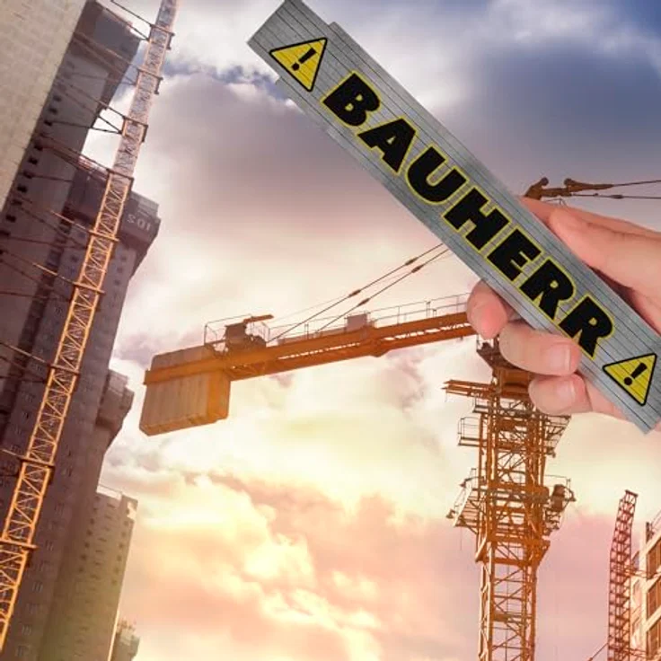 speecheese Bauherr Meterstab aus Holz mit Warnsymbol, lustiges Geschenk für Handwerker, Betonoptik, 10 Gelenke – Bild 3
