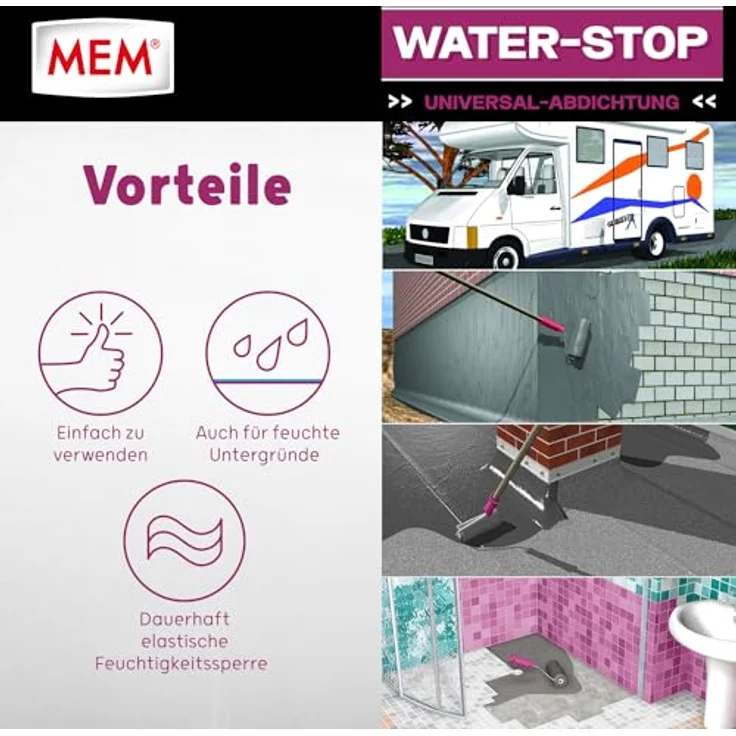 MEM Water Stop, Universalabdichtung und Feuchtigkeitssperre, für Innen- und Außenanwendung, Lösemittel-, silikon- und bitumenfrei, Grau, 14 kg – Bild 4