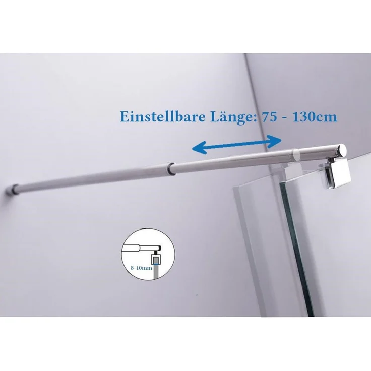 LinJa Duschstange Haltestange S1, verchromte Stabilisierungsstange für Walkin Duschwand, ausziehbar 75-130cm, passend für 8-10mm Sicherheitsglas