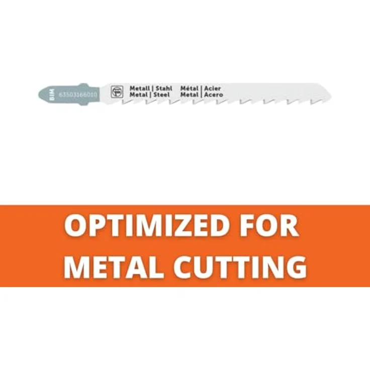 FEIN Stichsägeblatt F-IRON Jig 26 AS für Metall BIM 75 T1.2 MS SC, BiMetall, 8mm, 100mm, TPI 21, 5 Stk, gerade Schnitte, hohe Lebensdauer, blau – Bild 7