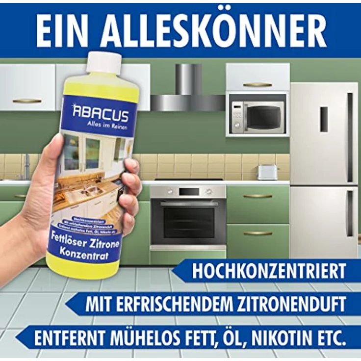 Fettlöser Zitrone Konzentrat, Zitronen Allzweckreiniger Konzentrat, Küchenreiniger, Kraftreiniger, Universalreiniger, Nikotinentferner – ABACUS Fettlöser Zitrone Konzentrat 2x 1000 ml (7699.2) – Bild 2