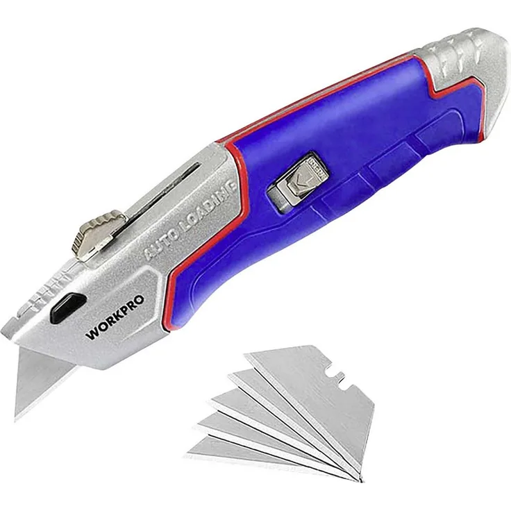 WorkPro WP213012, selbstladendes einziehbares Cuttermesser mit 4 zusätzlichen Klingen und Aluminiumdruckguss-Gehäuse