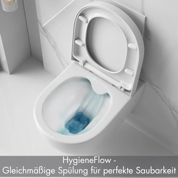 sanicomfort Hänge WC Rivo, spülrandloses Wand-WC Set in glänzendem Weiß, Softclose Absenkautomatik, Tiefspüler, Duroplast WC-Sitz, verdeckte Befestigung, hygienisch & pflegeleicht, platzsparend – Bild 3