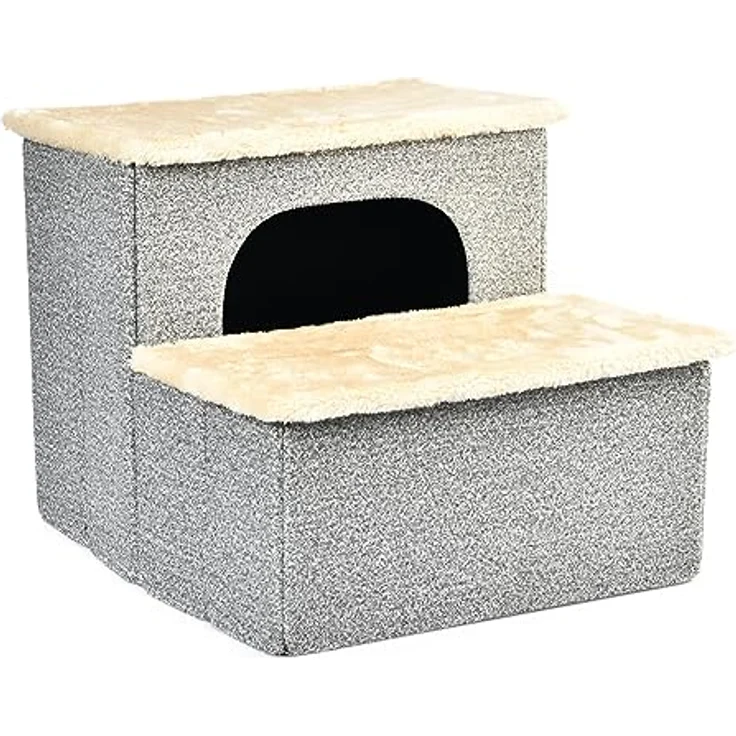 Dehner Lieblinge Haustiertreppe Sussex, faltbar, ca. 43 x 33 x 35.5 cm, 2 in 1 mit plüschiger Höhle für Katzen und kleine Hunde, grau/creme – Bild 3