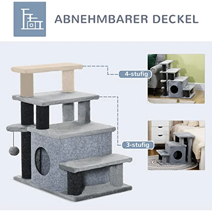 PawHut Haustiertreppe, 3/4-stufige höhenverstellbare Katzentreppe mit Schlafhöhle 2 in 1 praktische Hunderampe für kleine Hunde und Katzen Einstieghilfe für hohe Betten Sofa Grau 60 x 40 x 66 cm – Bild 4