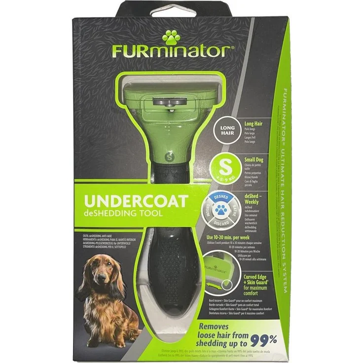 FURminator Fellbürste für langhaarige kleine Hunde, deShedding-Pflege Werkzeug, mit FURejector-Druckknopf, für 4,5-9 kg Hunde, 5 cm Felllänge, Edelstahlkante, blau – Bild 1