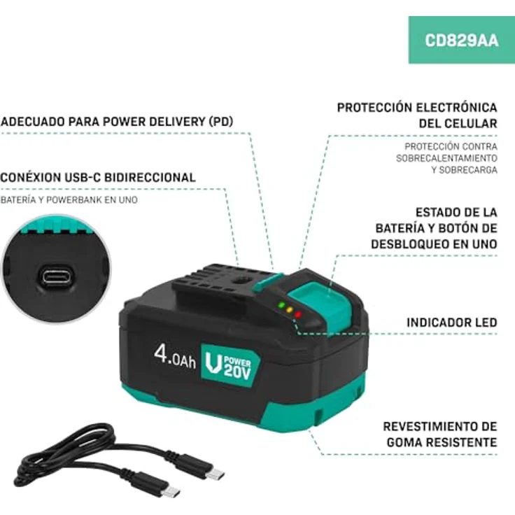 VONROC 20V Akku, Akku-Plattform mit Lithium-Ionen Technologie, USB-C Anschluss und ECP-Schutz, 4,0Ah – Bild 4