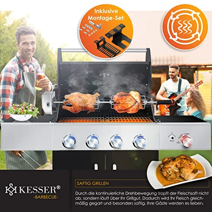 KESSER Edelstahl Grillspieß Set 107cm passend für Weber Spirit Gasgrill mit 4X Fleischnadeln BBQ Fleischklammer, Griffstück und Motor Rotisserie Elektrischer Drehspieß 220V - 240V Silber – Bild 3