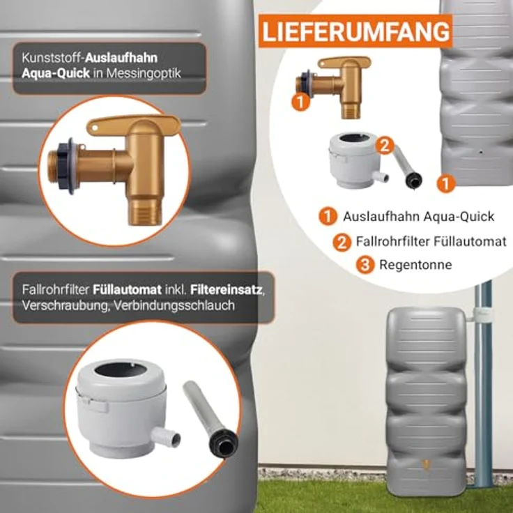 GARANTIA Regentonne CUBUS Komplett-Set 1000 L, betongrau, mit Auslaufhahn und Fallrohrfilter, witterungsbeständig und langlebig – Bild 4
