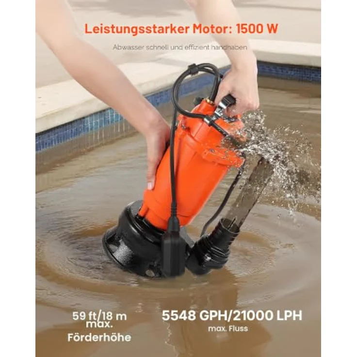 VEVOR 1500 W Tauchpumpe, 21000 l/h, Gusseisen-Schmutzwasserpumpe mit automatischem Schwimmerschalter, 18 m Förderhöhe für Pools, Teiche & überflutete Bereiche – Bild 2