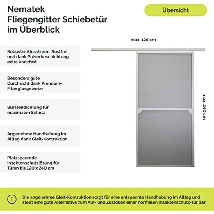 Nematek Premium Insektenschutz Schiebetür - Fliegengitter Schiebetüren für Terrassentüren als Bausatz - Fliegengitter Balkontür Schiebetür in 120 x 240 cm, weiß – Bild 3