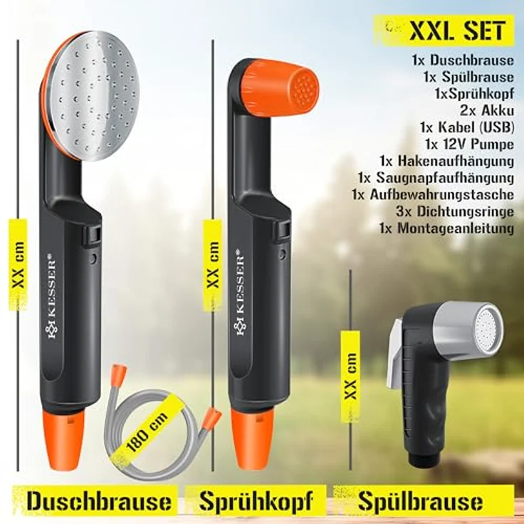 KESSER Campingdusche mit Akku Tauchpumpe Handbrause 2x 2200mAh-Lithium-Akku, USB-Ladekabel , für Camping Garten - Auto - Outdoor , Hundedusche , Autoreinigung , Inkl. Tragetasche, 12V Pumpe Schwarz - Orange - Preisvergleich – Bild 6