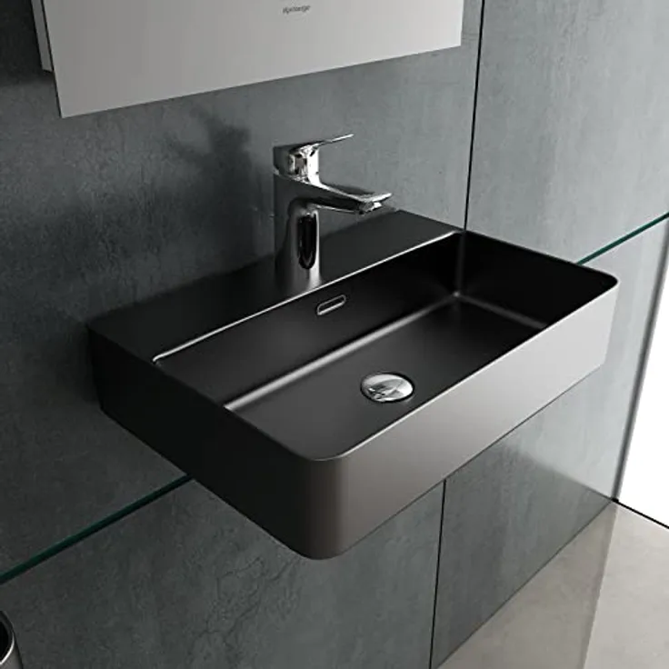 Alpenberger Waschbecken 60 cm | Aufsatzwaschbecken Schwarz Matt Gäste WC | Keramik Waschbecken Eckig | Aufsatzwaschbecken mit Überlauf & Hahnloch | Lavabo Badwaschtisch mit Nano