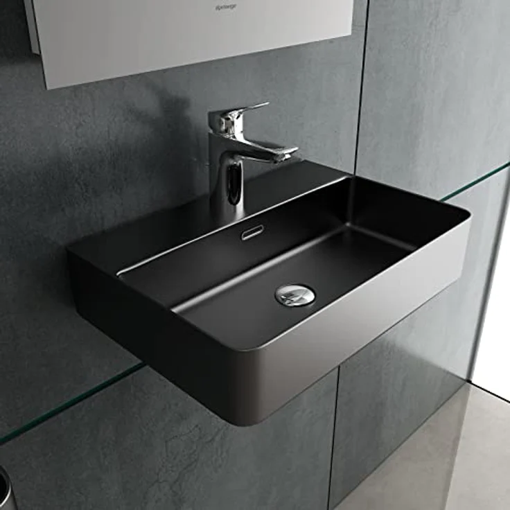 Alpenberger Waschbecken 60 cm | Aufsatzwaschbecken Schwarz Matt Gäste WC | Keramik Waschbecken Eckig | Aufsatzwaschbecken mit Überlauf & Hahnloch | Lavabo Badwaschtisch mit Nano – Bild 1