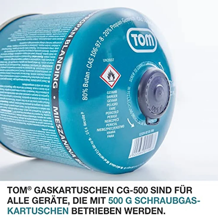 TOM Gaskartuschen CG-500, 8 x 500g Butan Propan Gas mit Sicherheits-Schraubventil – ideal für Campingkocher und Outdoor-Aktivitäten – Bild 2
