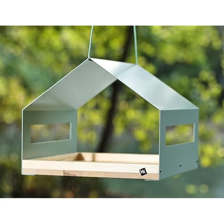 WONDERMAKE® Großes Design Vogelhaus aus Metall und Holz wetterfest zum Aufhängen, modernes Vogelfutterhaus XL Metalldach hängend, Vogelhäuschen Futterhaus für Vögel, Edelstahl Kiefer, türkis-grau mint – Bild 2