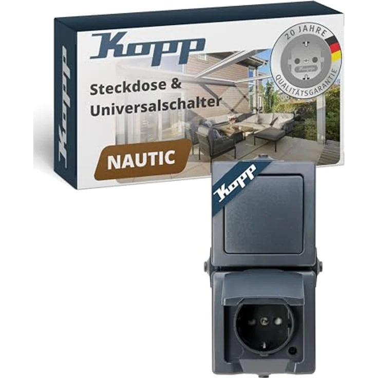 Kopp Abdeckrahmen 138515009, Aufputz-Feuchtraum Kombination, anthrazit, IP44 Schutzart, 16A Steckdose, Wechselschalter – Bild 1