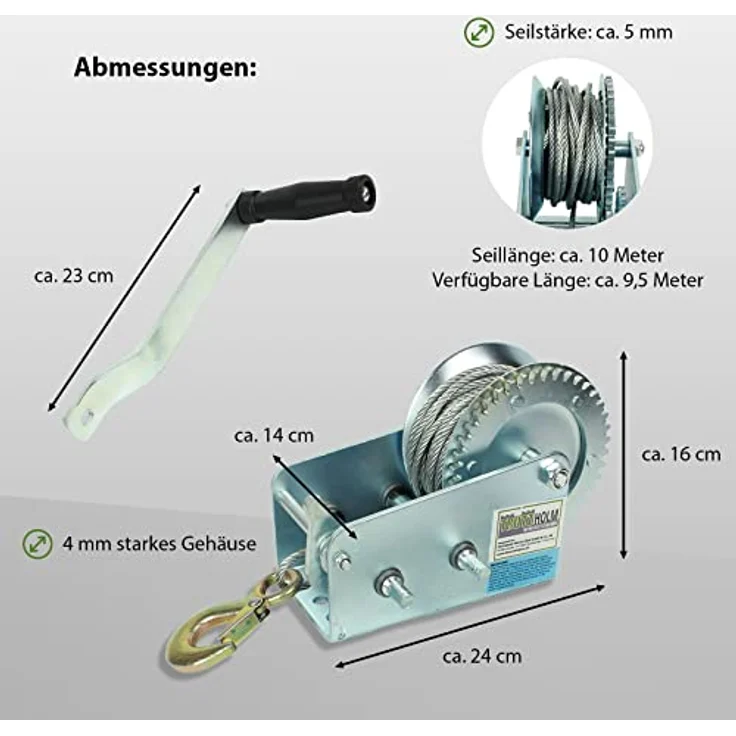 TRUTZHOLM Handseilwinde 1130 kg, 10 m, stabile Stahlkonstruktion mit zweifacher Übersetzung und 23 cm Kurbelarm – Bild 3