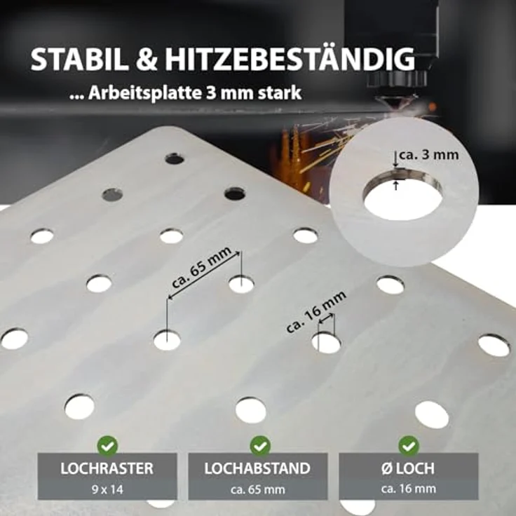 TRUTZHOLM Schweißtisch 91,5 x 61 x 80 cm, pulverbeschichtet, rostfrei, mit 3 mm galvanisch verzinkter Lochplatte und D16 Lochsystem, Tragkraft 200 kg, höhenverstellbare Füße, mattschwarz – Bild 4