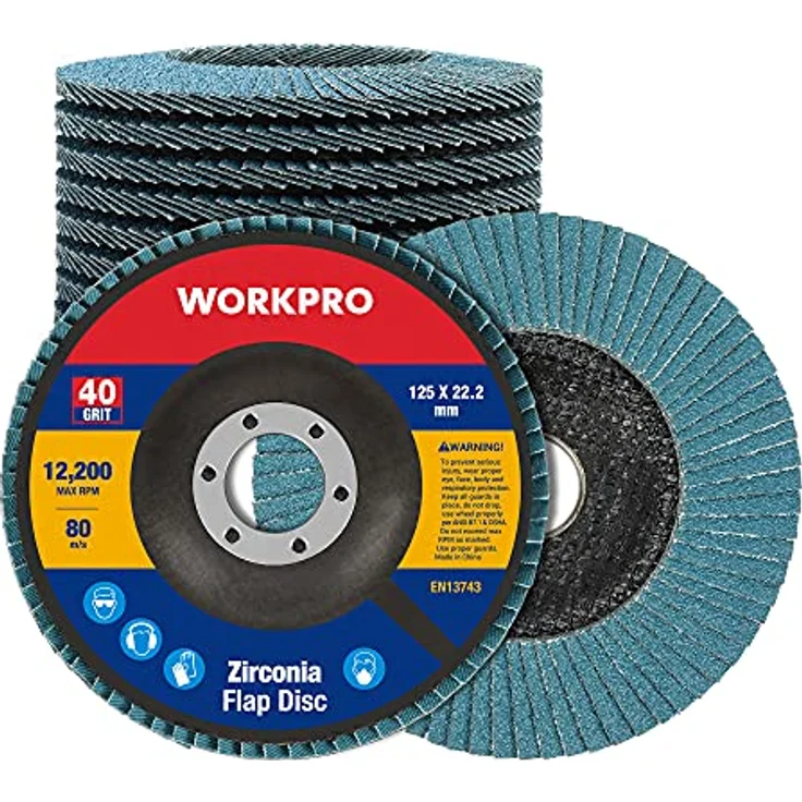 WORKPRO Profi Fächerscheiben Set, 10 Stück Ø 125 mm x 22,2 mm, Körnung 40, Blau, Schleifmopteller für Edelstahl, Metall und Holz – Bild 1