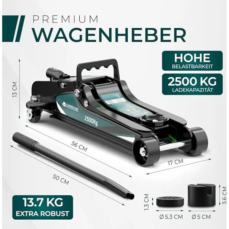 CARGOVA CargoVA® Hydraulischer Wagenheber 2,5T, Rangierwagenheber mit 2 Gummiauflagen, flach, für PKW, Hubhöhe 85-380 mm – Bild 3